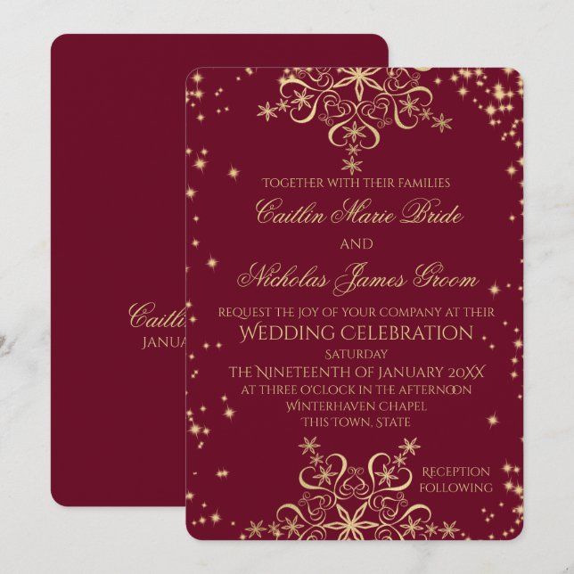 Gold and Burgundy Winter Wedding Snowflakes Invitation (Front/Back)