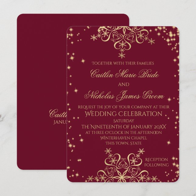 Gold and Burgundy Winter Wedding Snowflakes Invitation (Front/Back)