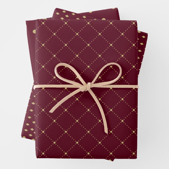 Gold and Burgundy Wrapping Paper Sheet Set of 3 (In situ)