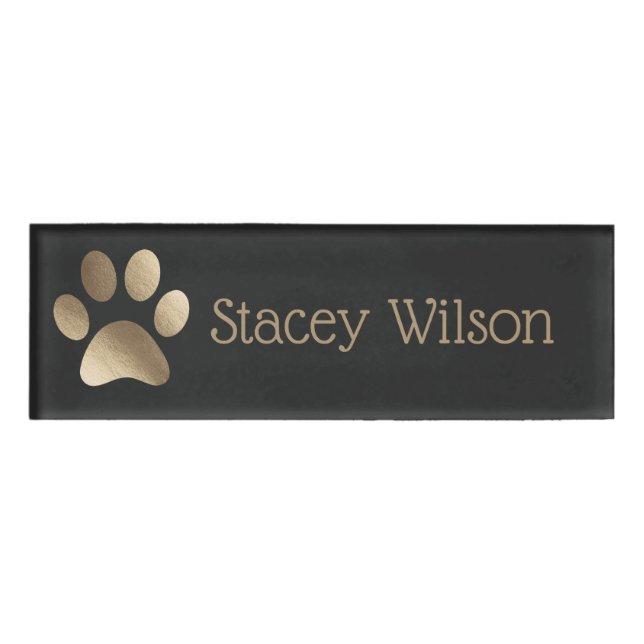 Gold and Charcoal Paw Print Logo Name Tag (Front)