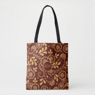 Gold and Cherry Red Victorian Lace Monogram Tote Bag