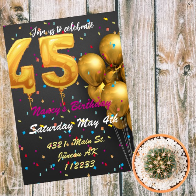 Gold and colourful glitter balloons 45th birthday invitation (Creator Uploaded)