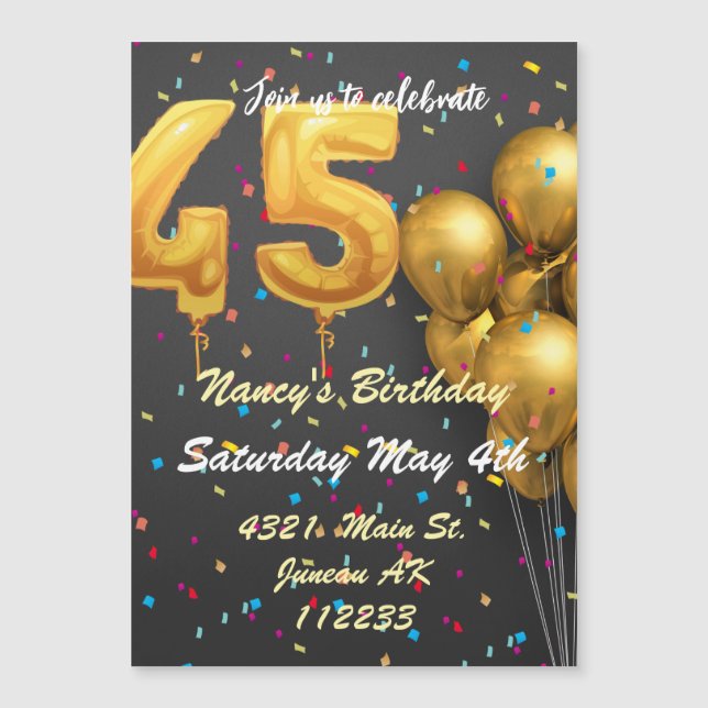 Gold and colourful glitter balloons 45th birthday magnetic invitation (Front)