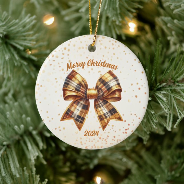 Gold and Copper  Plaid Bow Year Accent Ceramic Ornament (Tree)