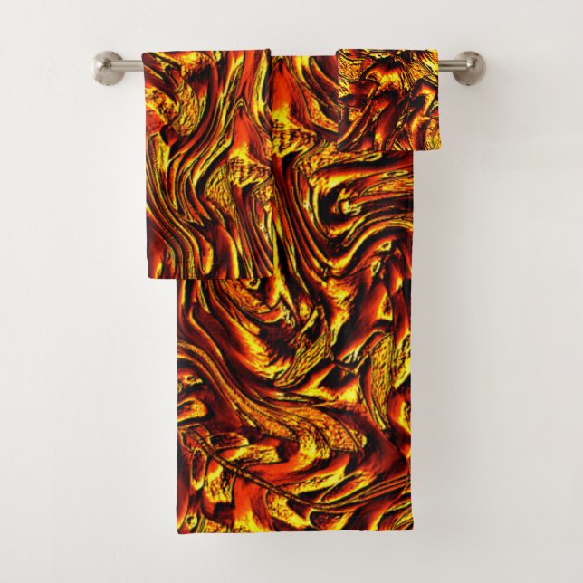 Gold and coral or vivid red texture bath towel set (Insitu)