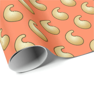 Gold and coral orange paisley wrapping paper