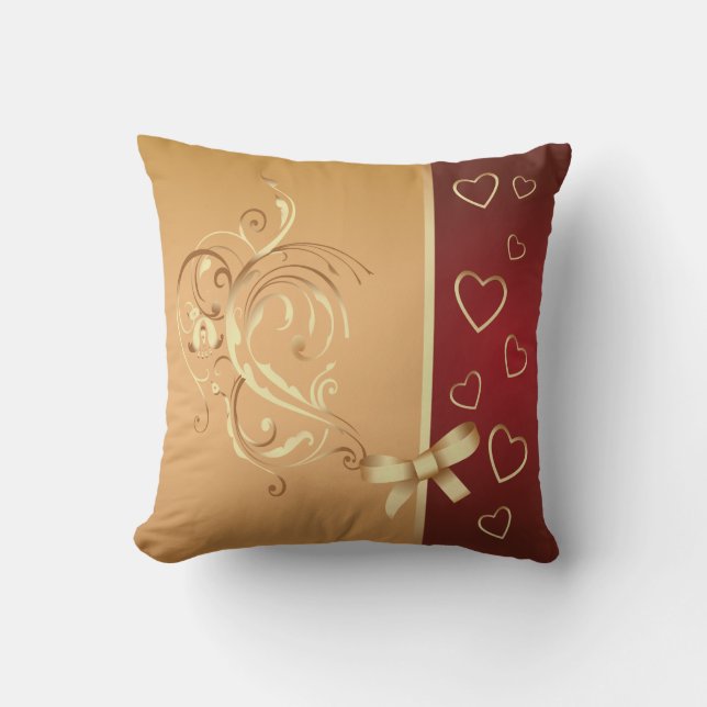 Gold and Cranberry Hearts American MoJo Pillow (Front)