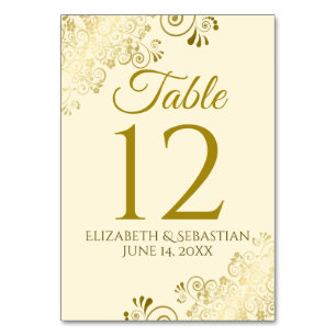 Gold and Cream Elegant Filigree Wedding Table Number