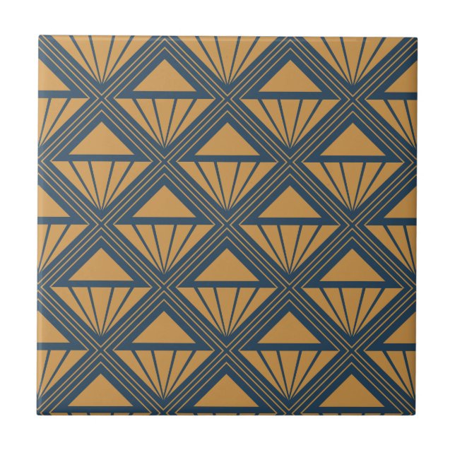 Gold and dark blue Art Deco design with rhombuses Ceramic Tile (Front)