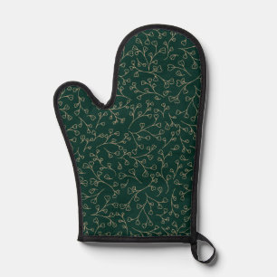 Gold and Dark Emerald Green Botanical Vine Pattern Oven Mitt
