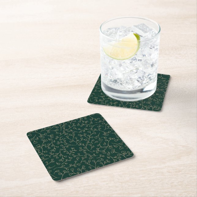 Gold and Dark Emerald Green Botanical Vine Pattern Square Paper Coaster (Insitu)