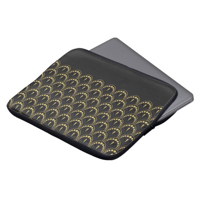 Gold and dark-grey art-deco geometric pattern laptop sleeve (Front Top)