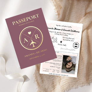 Gold And Dark Mauve Passport Wedding Invitation