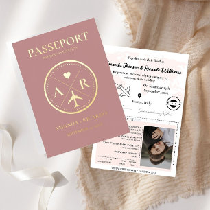 Gold And Dark Mauve Passport  Wedding Invitation