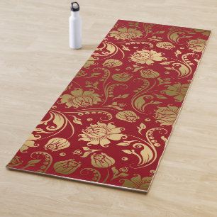 Gold and Dark Red Floral Damask Pattern Yoga Mat