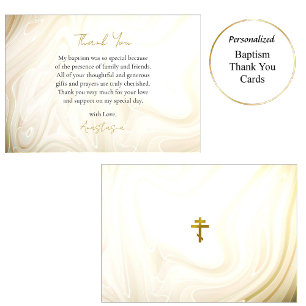 Gold and Dark Tan Faux Marble Swirls Baptism       Thank You Card