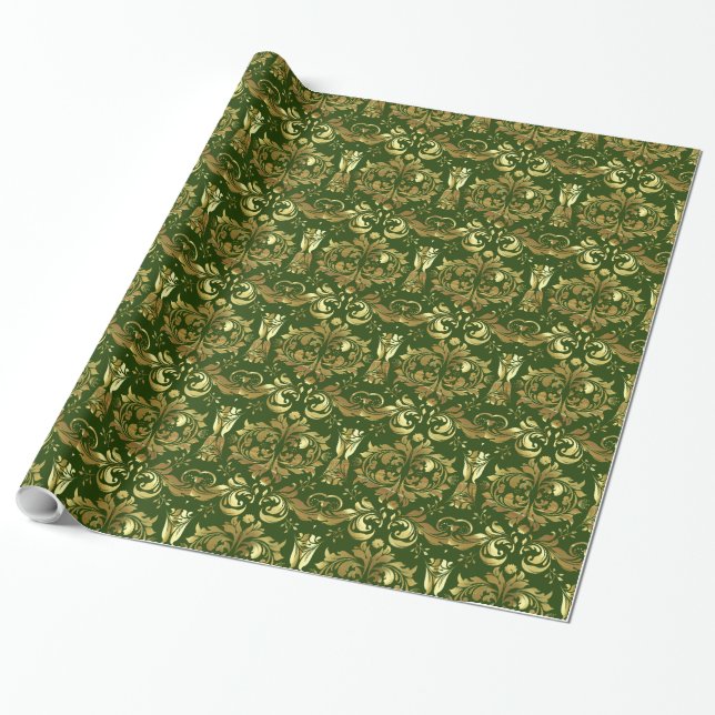 Gold And Deep Green Floral Pattern Wrapping Paper (Unrolled)