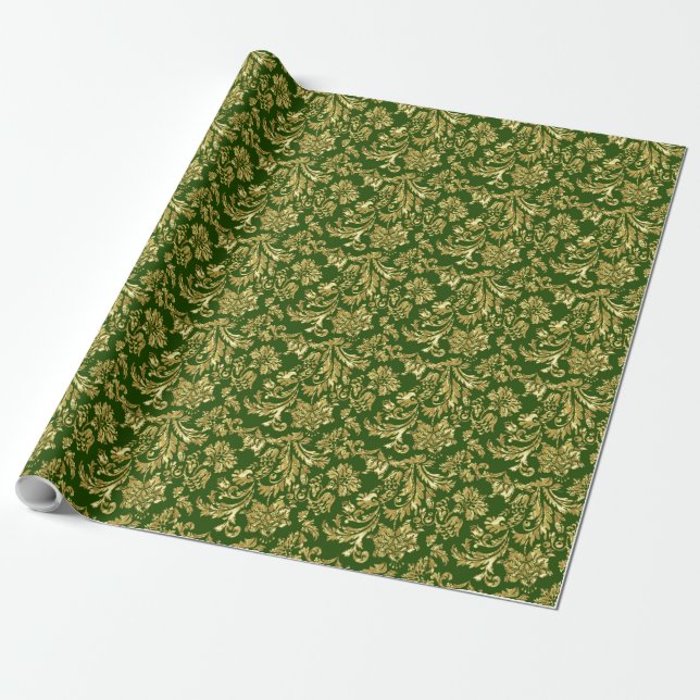 Gold And Deep Green Vinage Damasks Wrapping Paper (Unrolled)