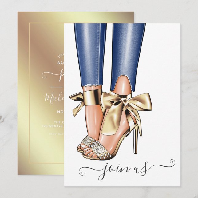 Gold and Denim Fashionista Bachelorette Invitation (Front/Back)