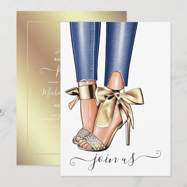 Gold and Denim Fashionista Bachelorette Invitation (Front/Back)