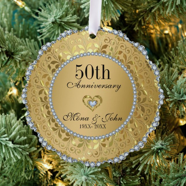 Gold and Diamonds 50th Wedding Anniversary Tree Decoration Card (Insitu (Tree))