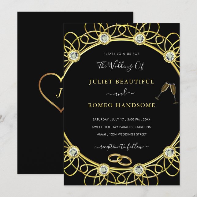 Gold and Diamonds Elegant Black Wedding Invitation (Front/Back)
