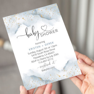 Gold and Dusty Blue Watercolor Baby Shower Invitation