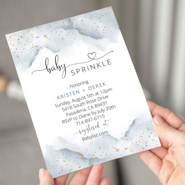 Gold and Dusty Blue Watercolor Baby Sprinkle Invitation (Creator Uploaded)