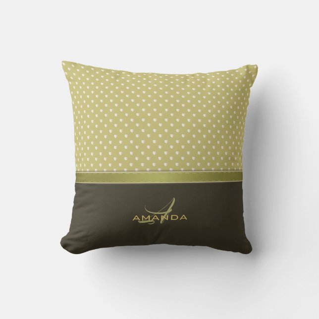 Gold and Ecru Olive Green Elegant Monogram Cushion (Front)
