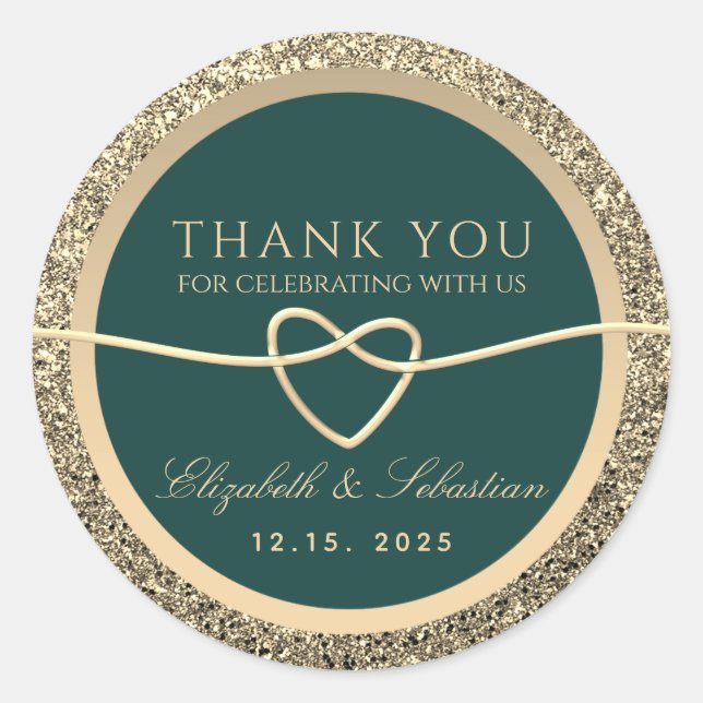 Gold and Emerald Green Wedding Thank You Classic Round Sticker (Front)