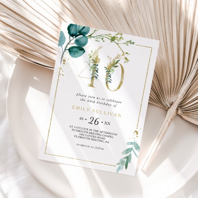 Gold and Eucalyptus 40th Birthday Party Invitation (Creator Uploaded)