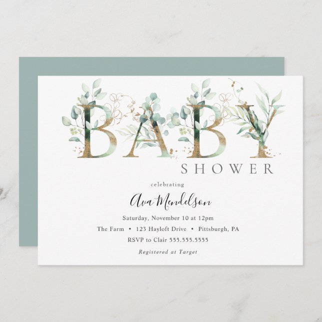 Gold and Eucalyptus Baby Shower invitation (Front/Back)