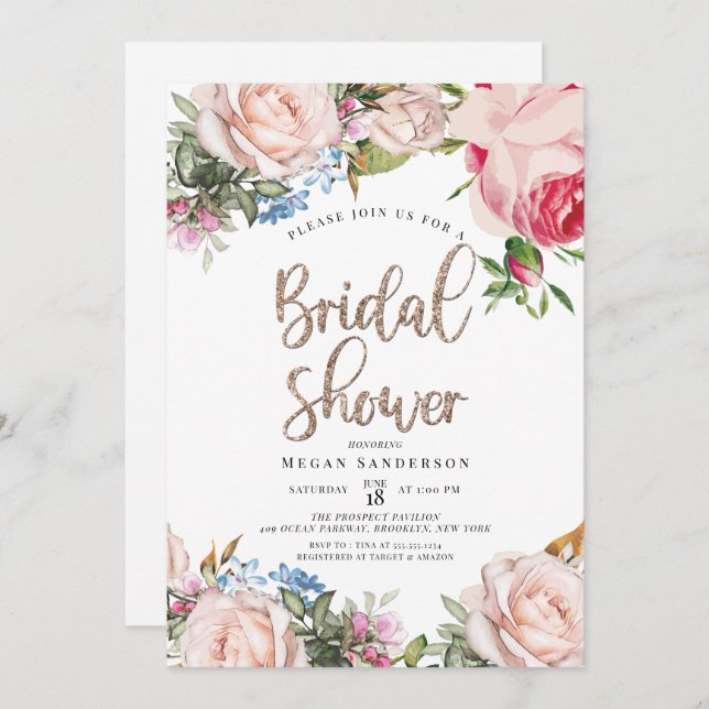 Gold and Floral Bridal Brunch Invitation (Front/Back)