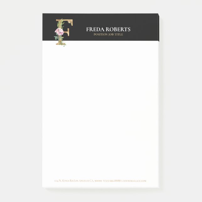 Gold and flowers lettering Monogram F Post-it Notes (Front)