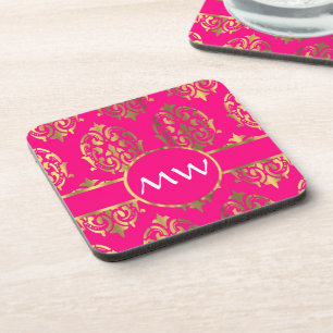 Gold and fuchsia pink damask coaster