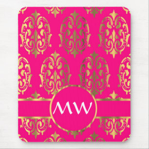 Gold and fuchsia pink damask pattern mouse pad