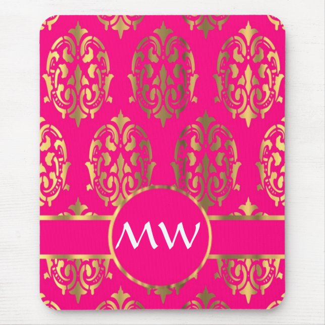 Gold and fuchsia pink damask pattern mouse pad (Front)