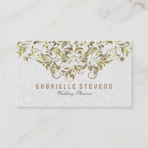 Gold And Glitter Floral Lace Over White Business Card