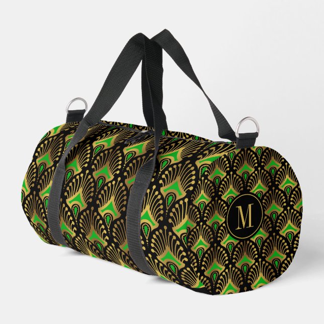 Gold and Green Art Deco Pattern Monogram Duffle Bag (Left Corner)
