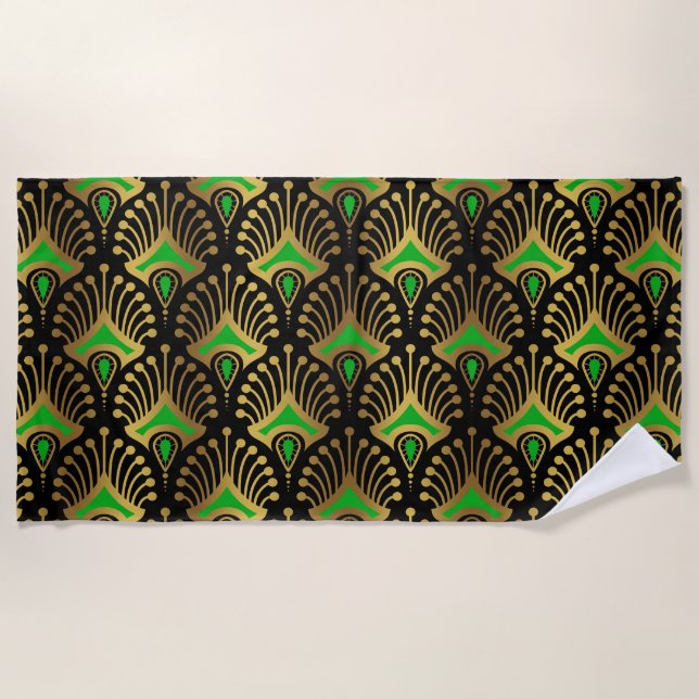 Gold and green Art Deco pattern on black Beach Towel (Front)