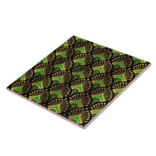 Gold and green Art Deco pattern on black Ceramic Tile