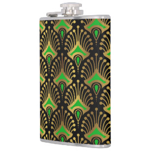 Gold and green Art Deco pattern on black Hip Flask