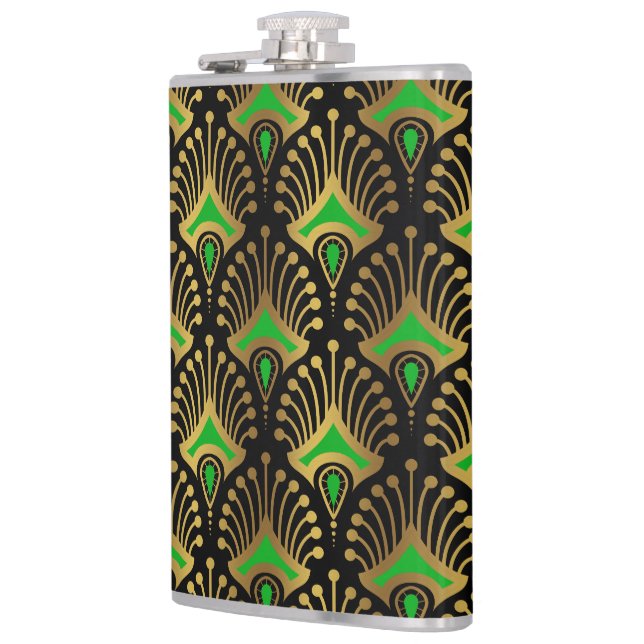 Gold and green Art Deco pattern on black Hip Flask (Left)