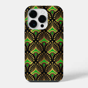 Gold and green Art Deco pattern on black iPhone 14 Pro Case