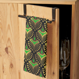 Gold and green Art Deco pattern on black Kitchen T Tea Towel
