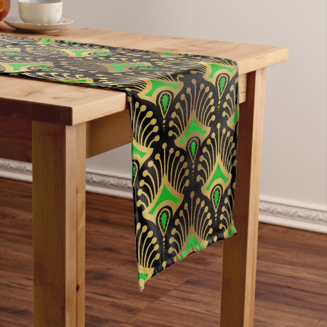 Gold and green Art Deco pattern on black Long Table Runner (In Situ)