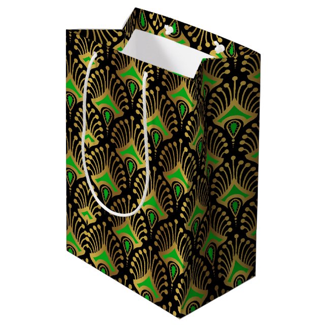 Gold and green Art Deco pattern on black Medium Gift Bag (Back Angled)