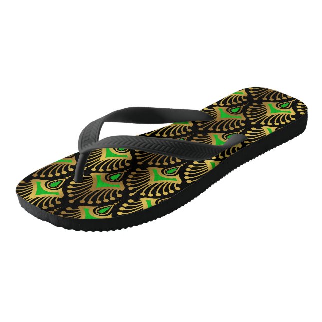 Gold and Green Art Deco pattern on black Thongs (Angled)