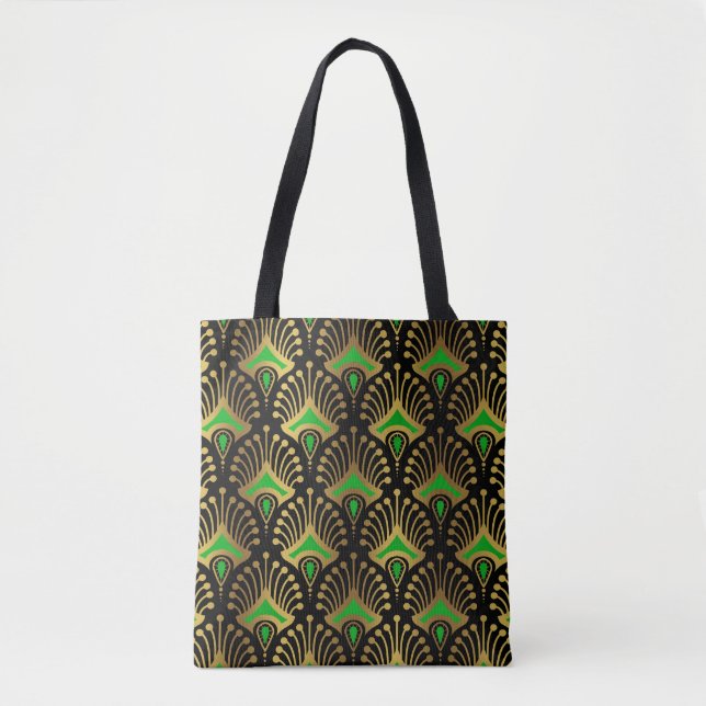 Gold and green Art Deco pattern on black Tote Bag (Front)