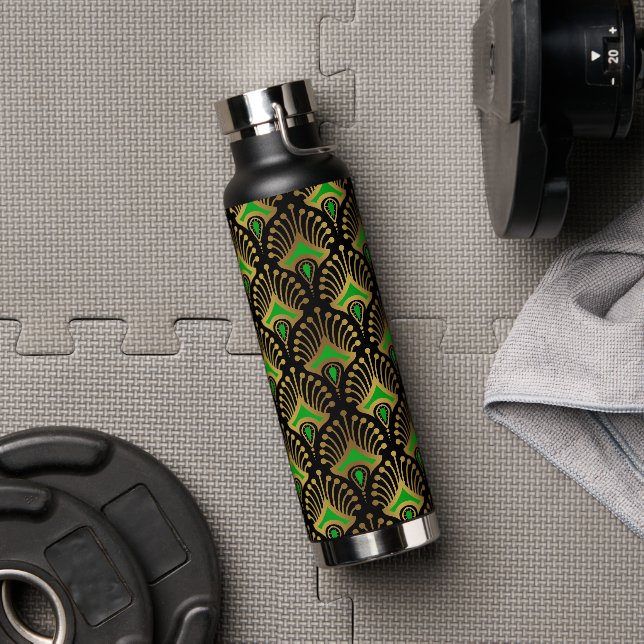 Gold and green Art Deco pattern on black Water Bottle (Gym)
